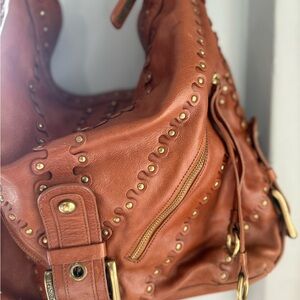 Leather Studded Hobo Bag in Cognac